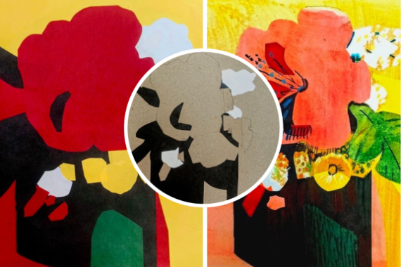 красные цветы в технике коллаж